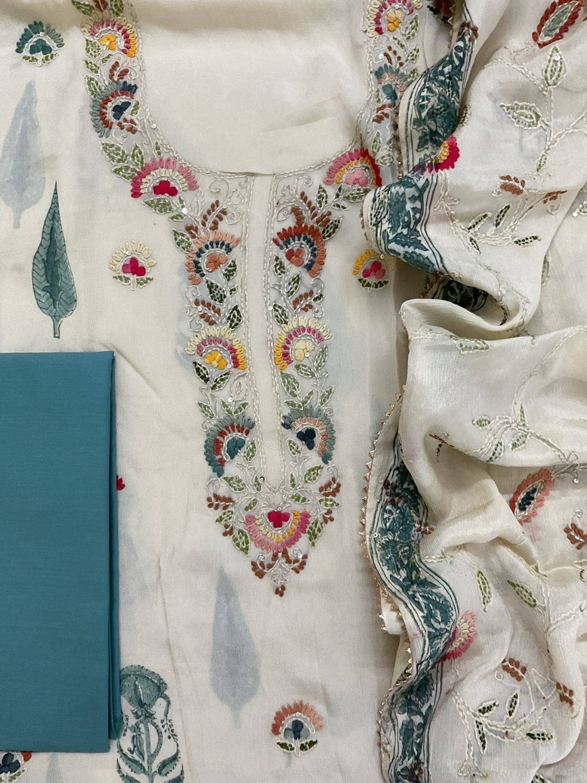 Pure Chinnon Silk Block Printed Embroidered Suit - Cream