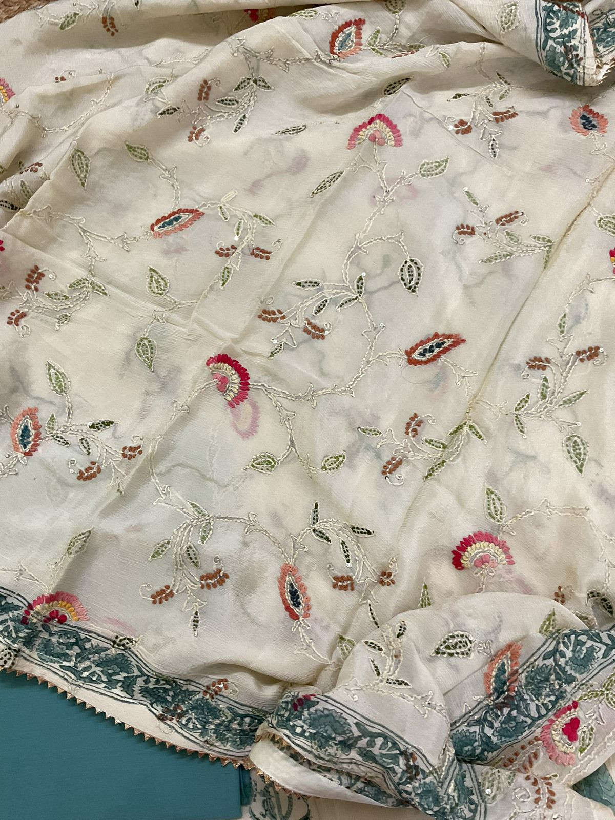 Pure Chinnon Silk Block Printed Embroidered Suit - Cream