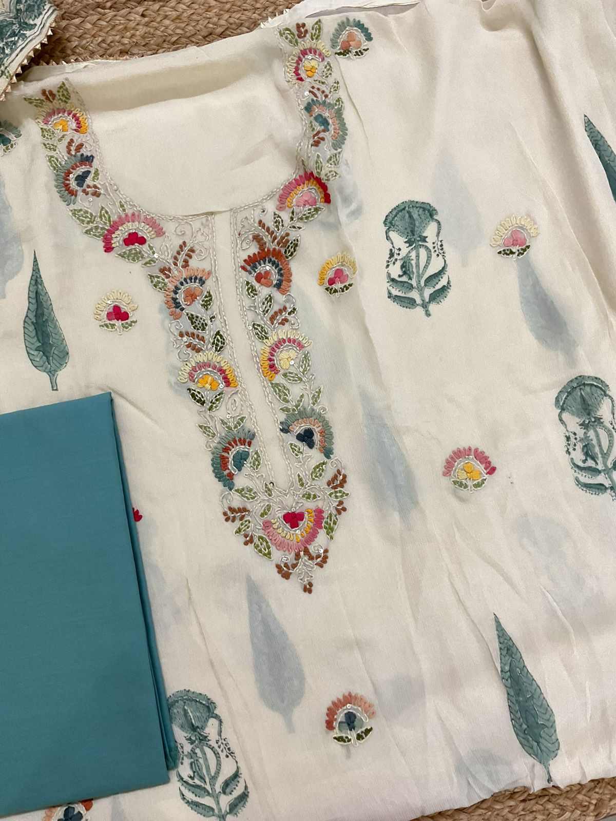 Pure Chinnon Silk Block Printed Embroidered Suit - Cream