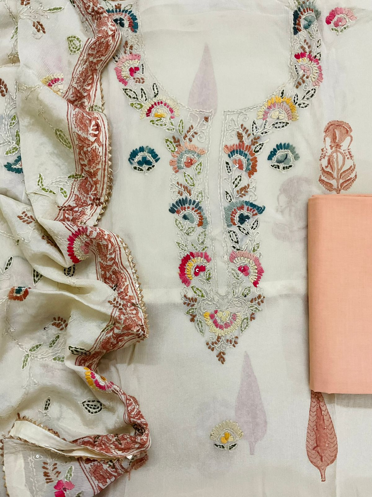 Pure Chinnon Silk Block Printed Embroidered Suit - Cream