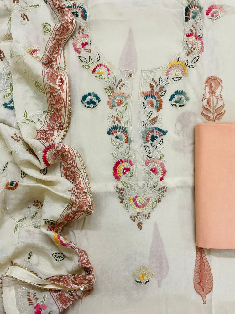 Image of Pure Chinnon Silk Block Printed Embroidered Suit - Cream