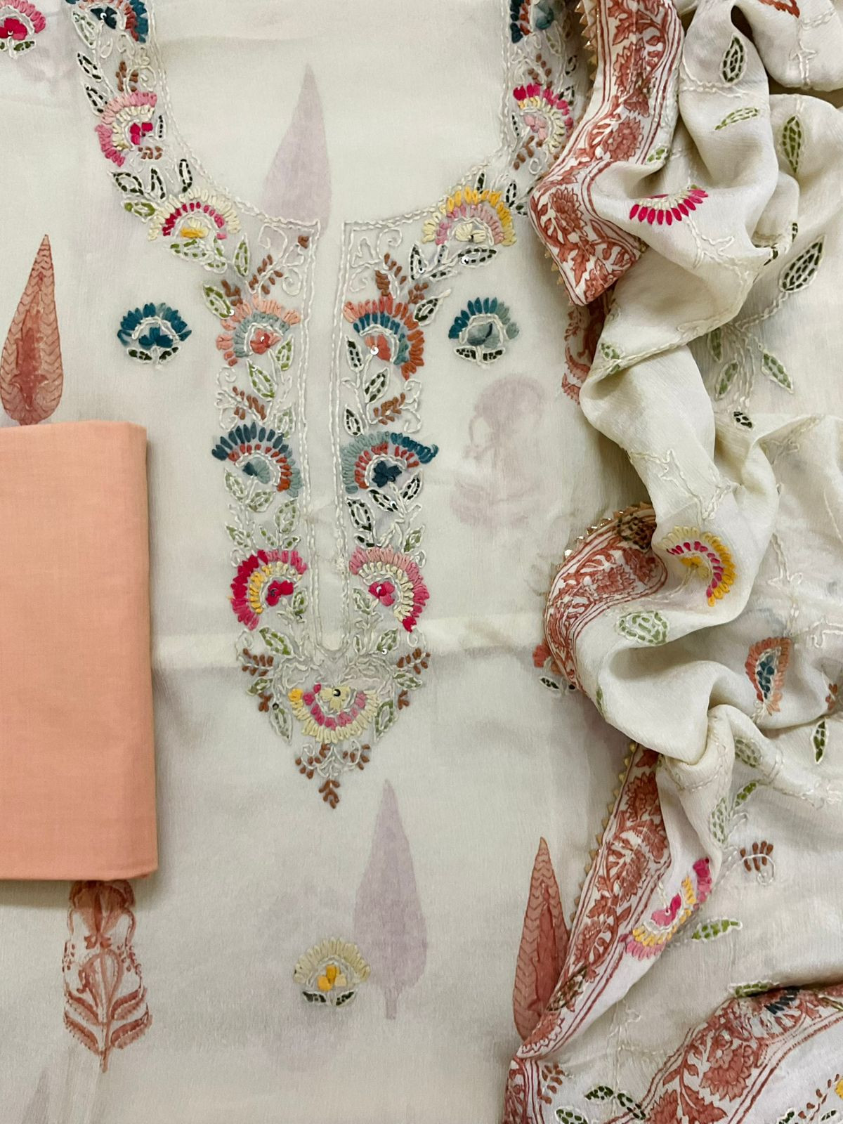 Pure Chinnon Silk Block Printed Embroidered Suit - Cream