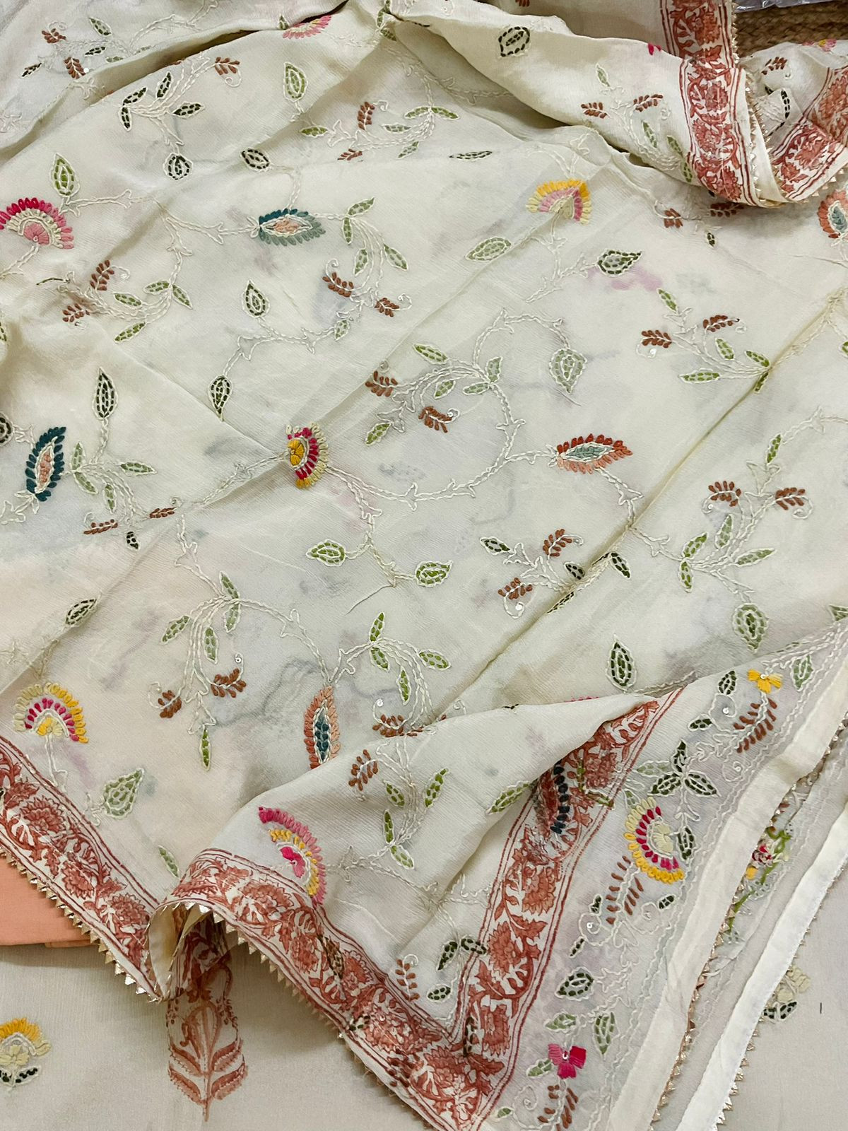 Pure Chinnon Silk Block Printed Embroidered Suit - Cream