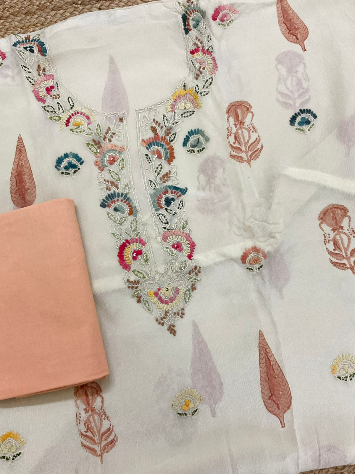 Pure Chinnon Silk Block Printed Embroidered Suit - Cream