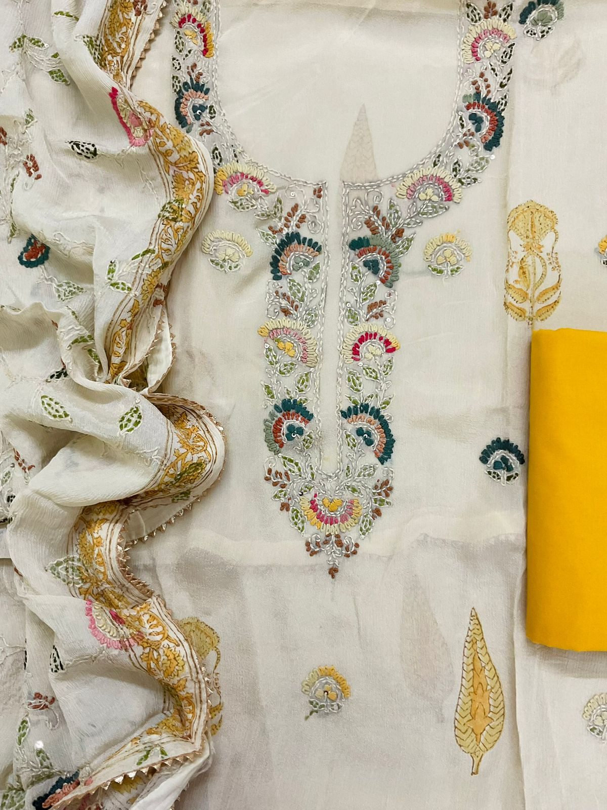 Pure Chinnon Silk Block Printed Embroidered Suit - Cream