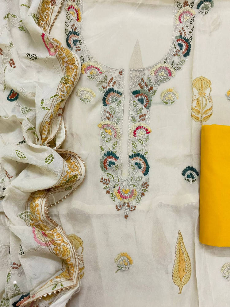 Image of Pure Chinnon Silk Block Printed Embroidered Suit - Cream