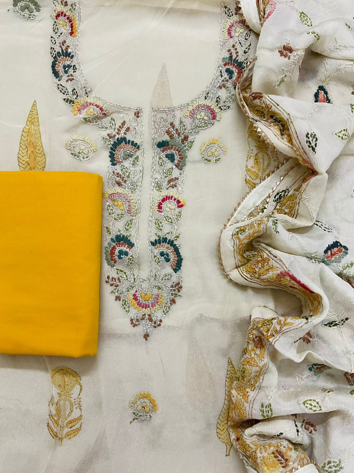 Pure Chinnon Silk Block Printed Embroidered Suit - Cream