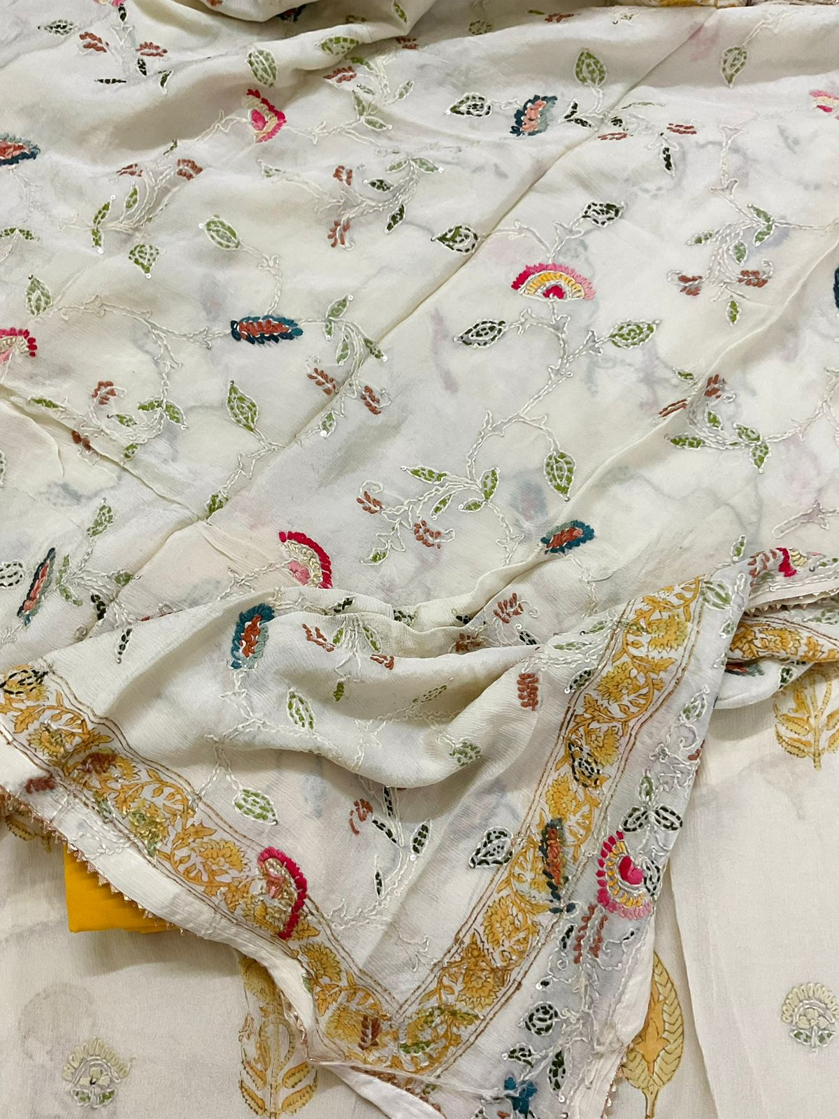 Pure Chinnon Silk Block Printed Embroidered Suit - Cream