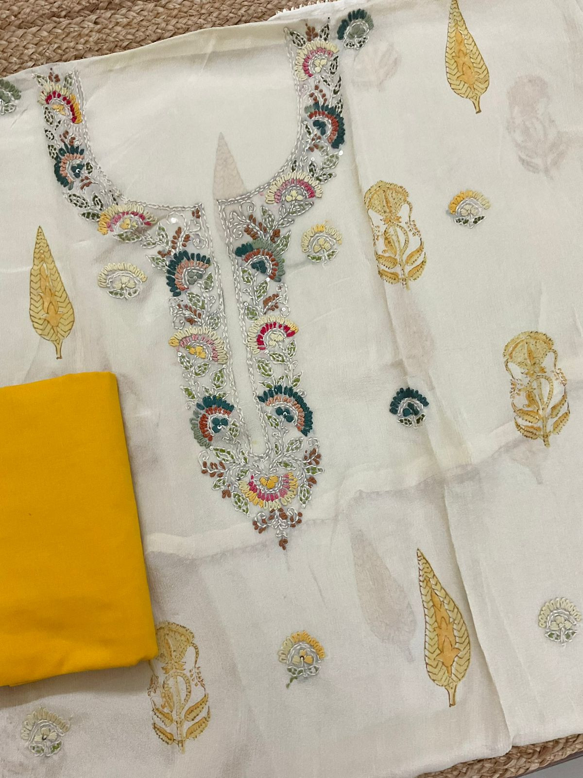 Pure Chinnon Silk Block Printed Embroidered Suit - Cream