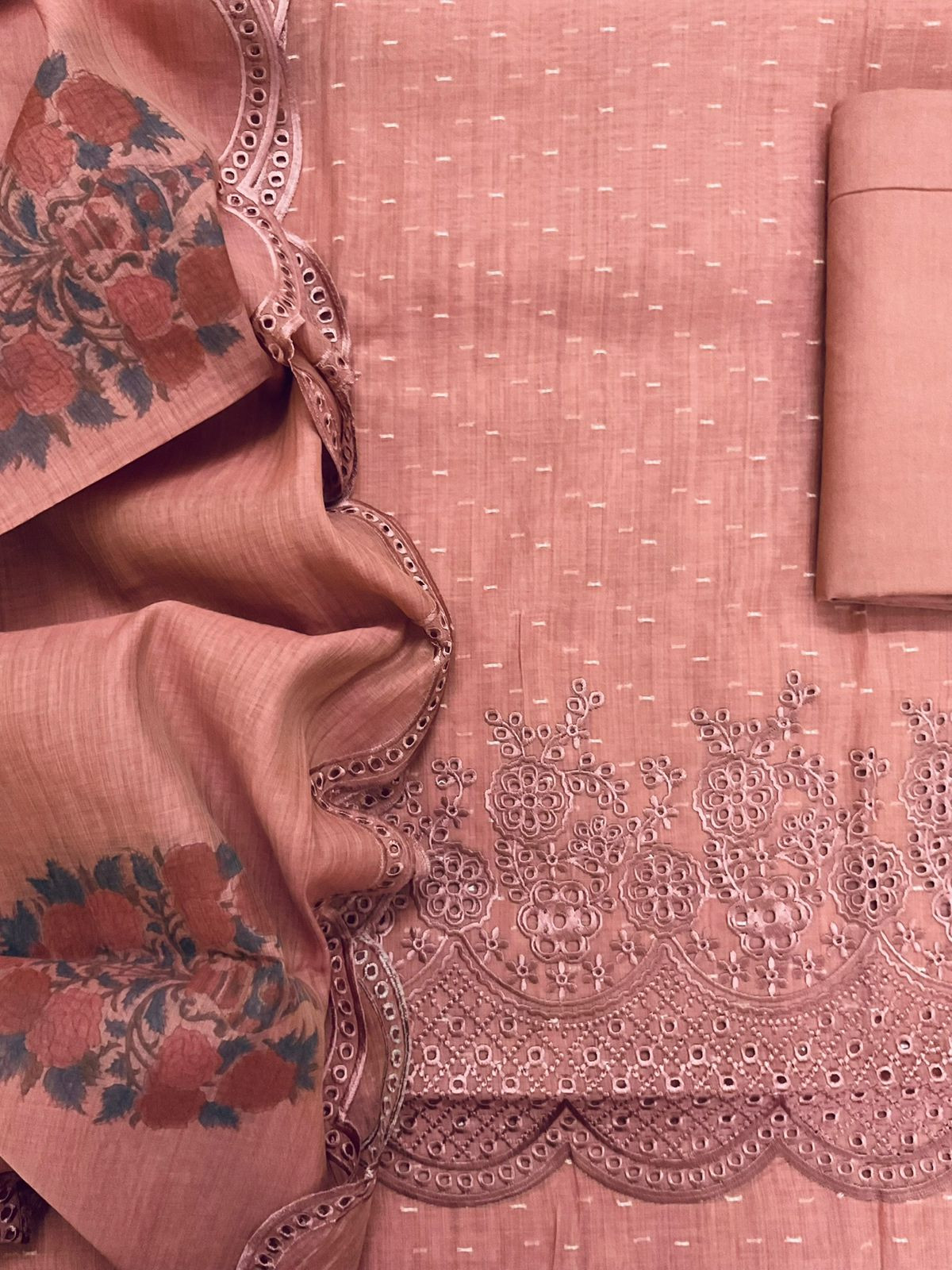 Pure Fine Slub Chanderi Jamdani Weaved Printed Embroidered Suit - Rustic Peach