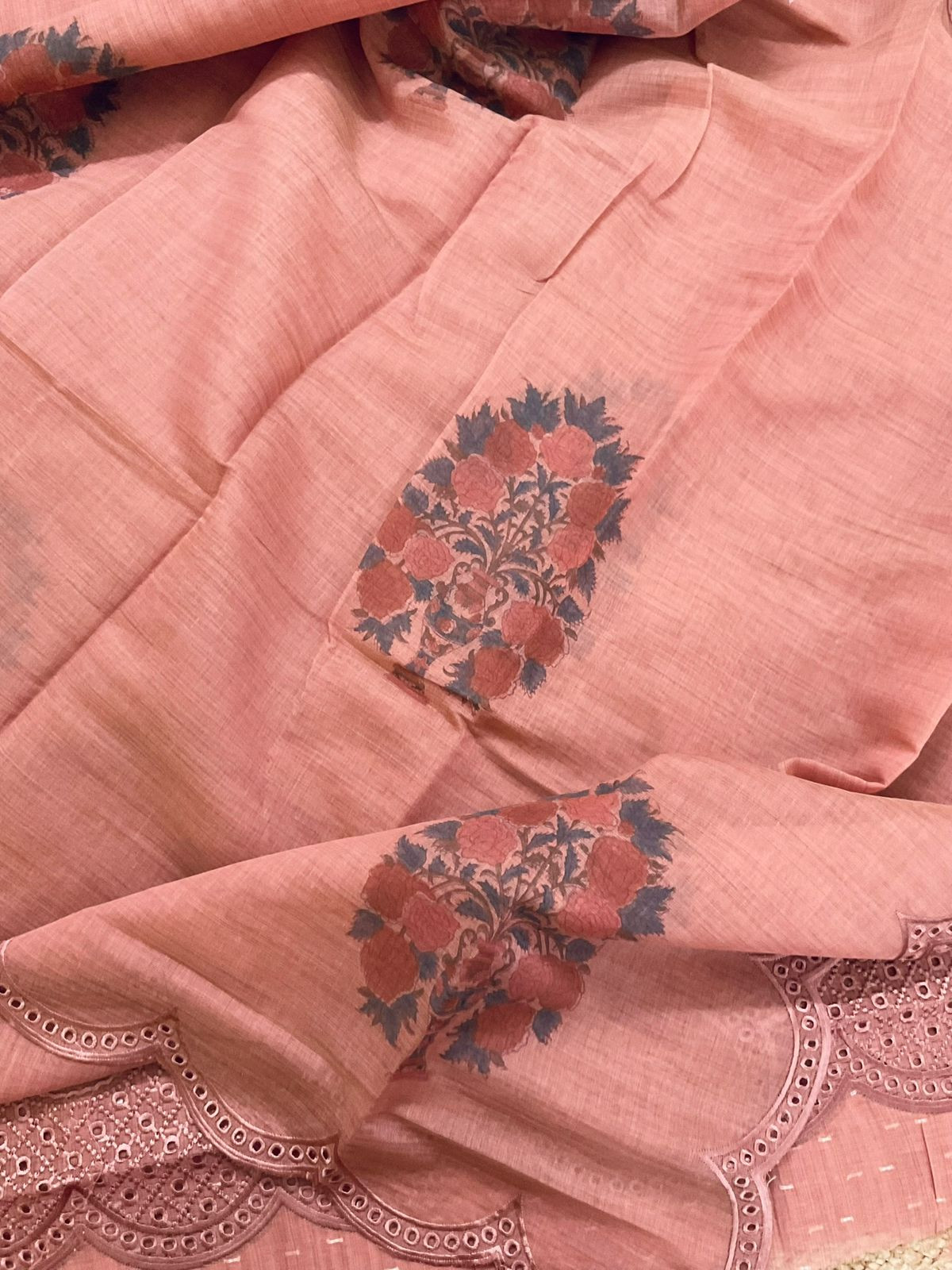 Pure Fine Slub Chanderi Jamdani Weaved Printed Embroidered Suit - Rustic Peach