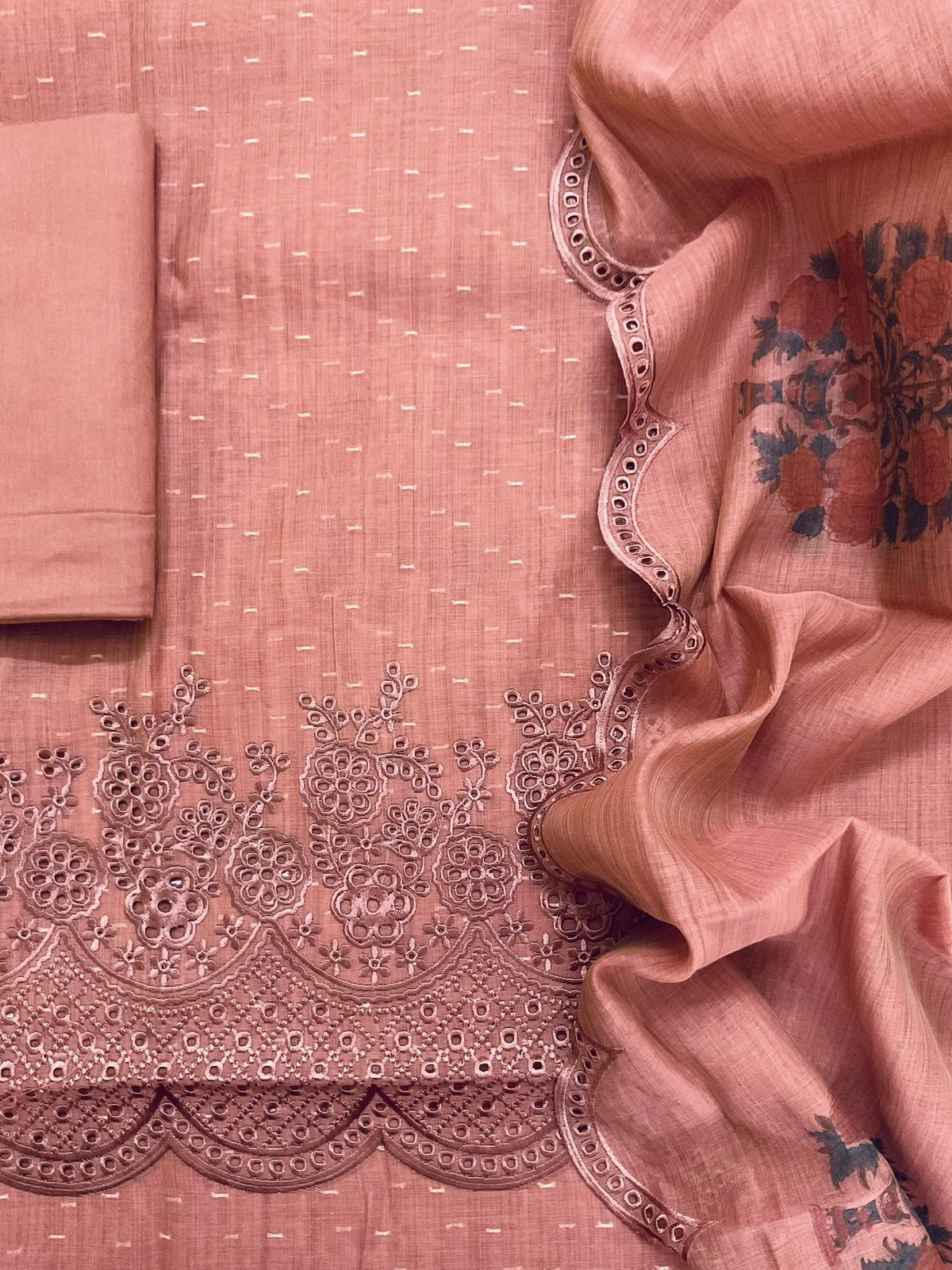 Pure Fine Slub Chanderi Jamdani Weaved Printed Embroidered Suit - Rustic Peach