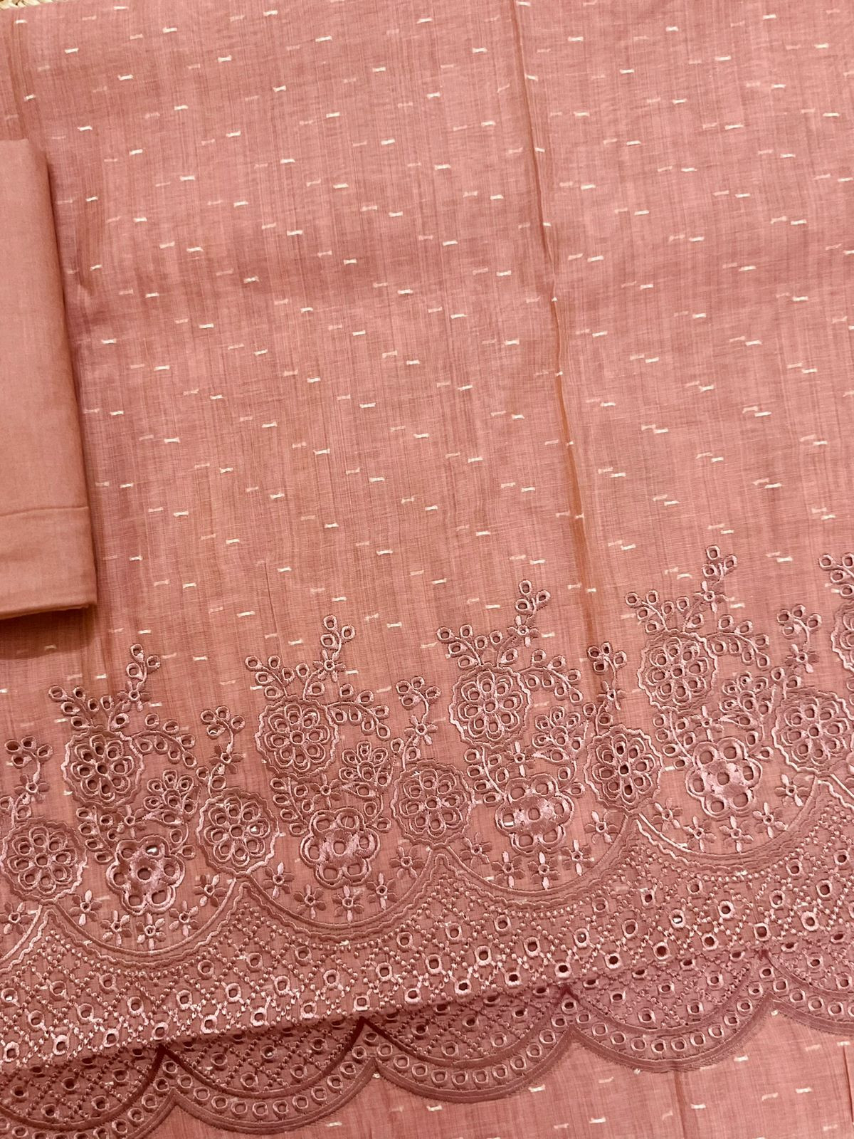 Pure Fine Slub Chanderi Jamdani Weaved Printed Embroidered Suit - Rustic Peach