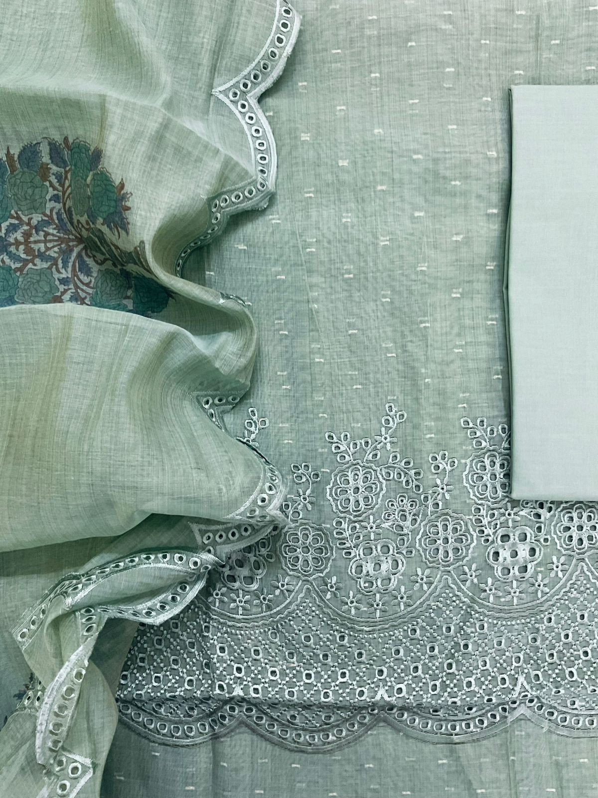 Pure Fine Slub Chanderi Jamdani Weaved Printed Embroidered Suit - Blue