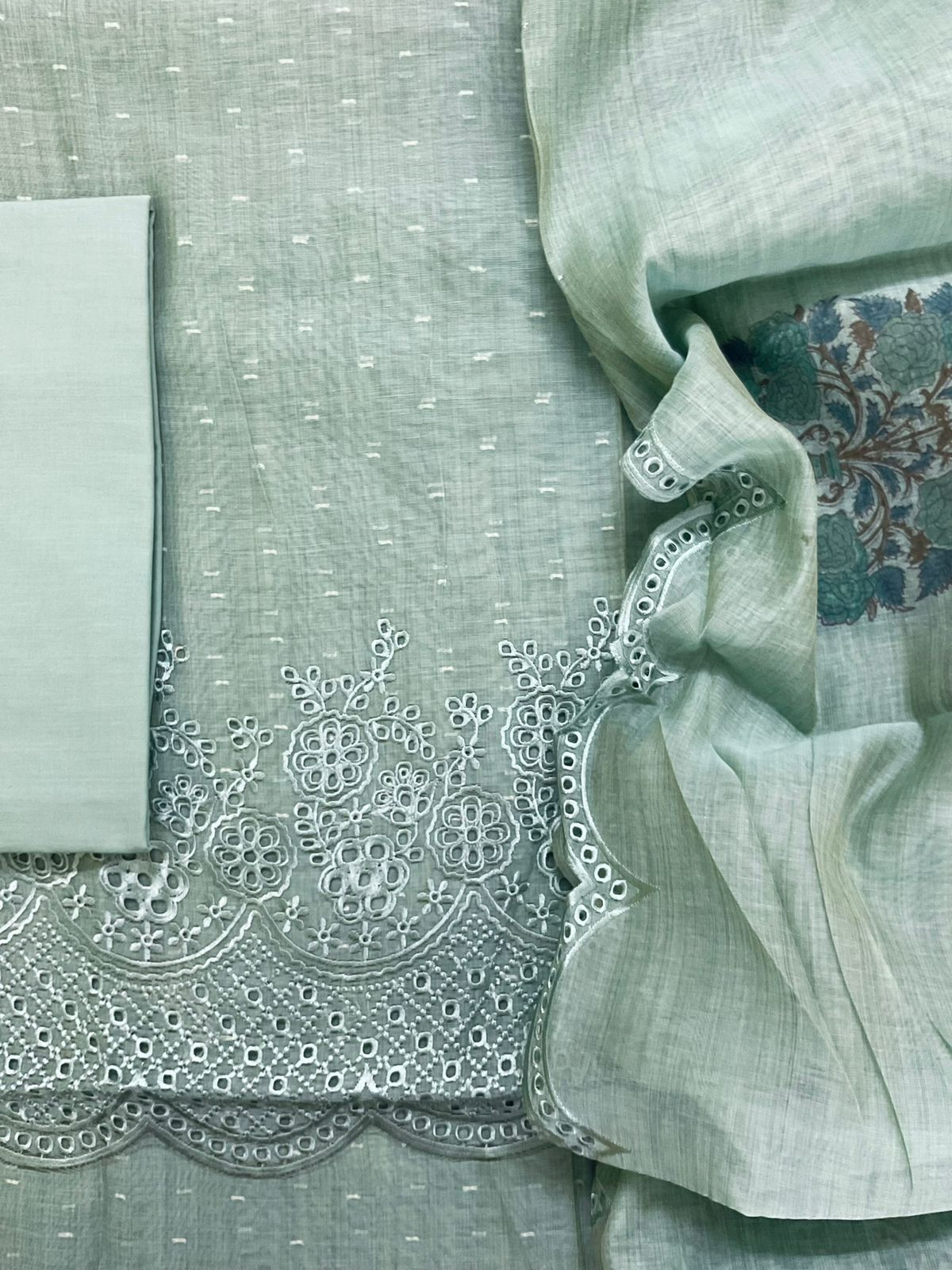 Pure Fine Slub Chanderi Jamdani Weaved Printed Embroidered Suit - Blue