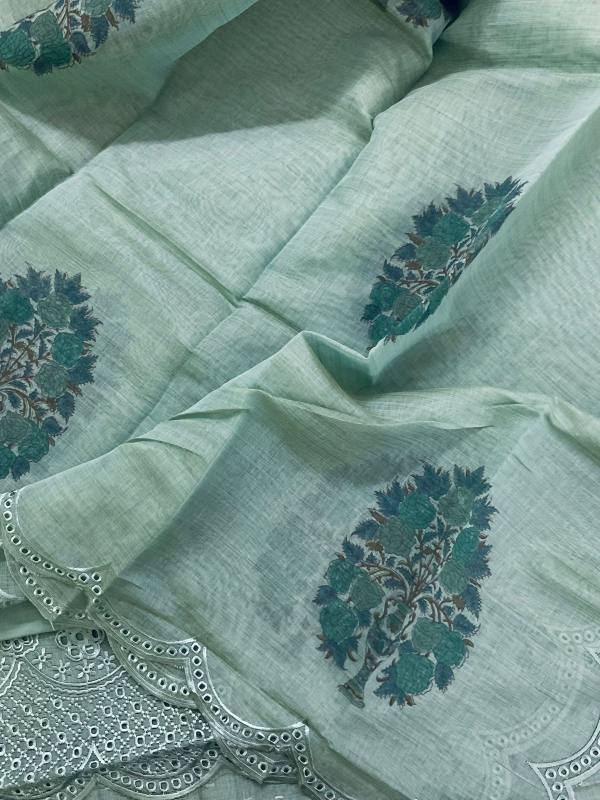 Pure Fine Slub Chanderi Jamdani Weaved Printed Embroidered Suit - Blue