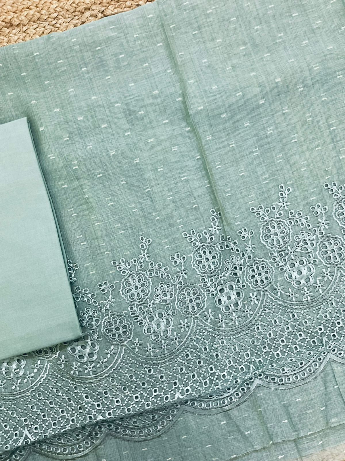 Pure Fine Slub Chanderi Jamdani Weaved Printed Embroidered Suit - Blue