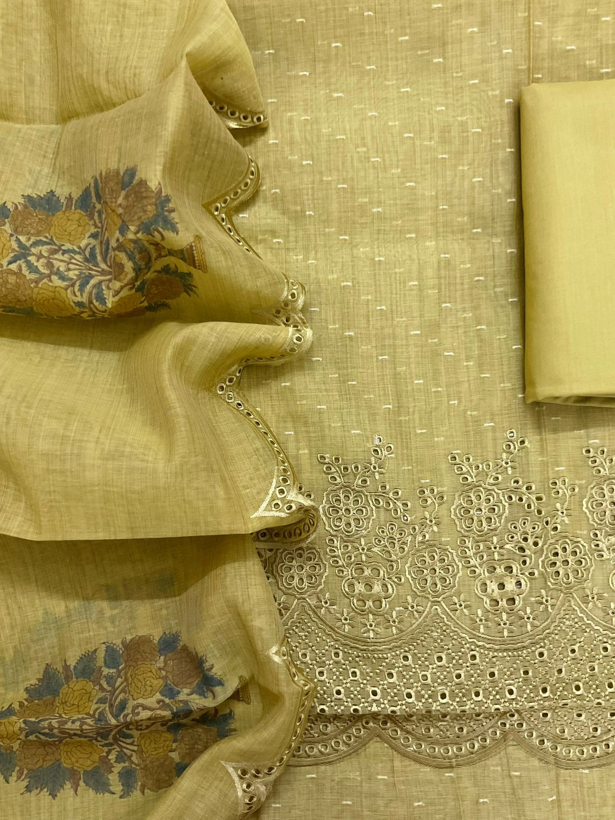 Pure Fine Slub Chanderi Jamdani Weaved Printed Embroidered Suit - Yellowish Green