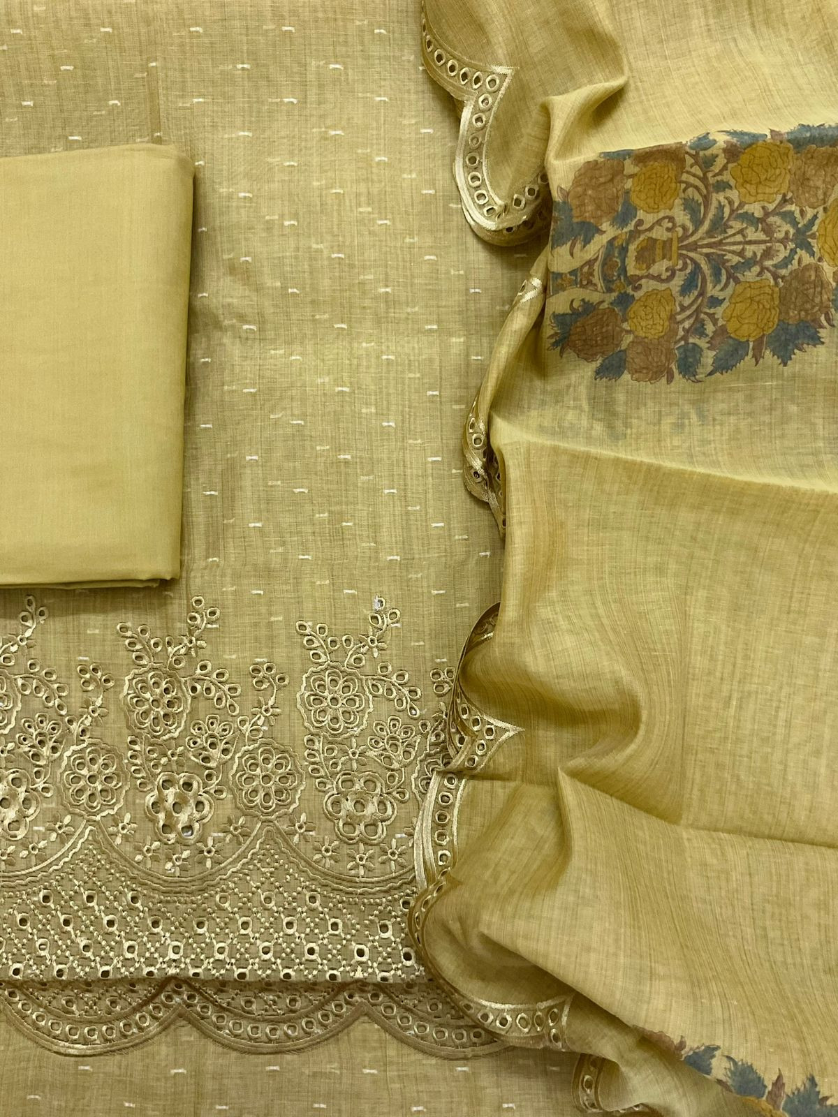 Pure Fine Slub Chanderi Jamdani Weaved Printed Embroidered Suit - Yellowish Green