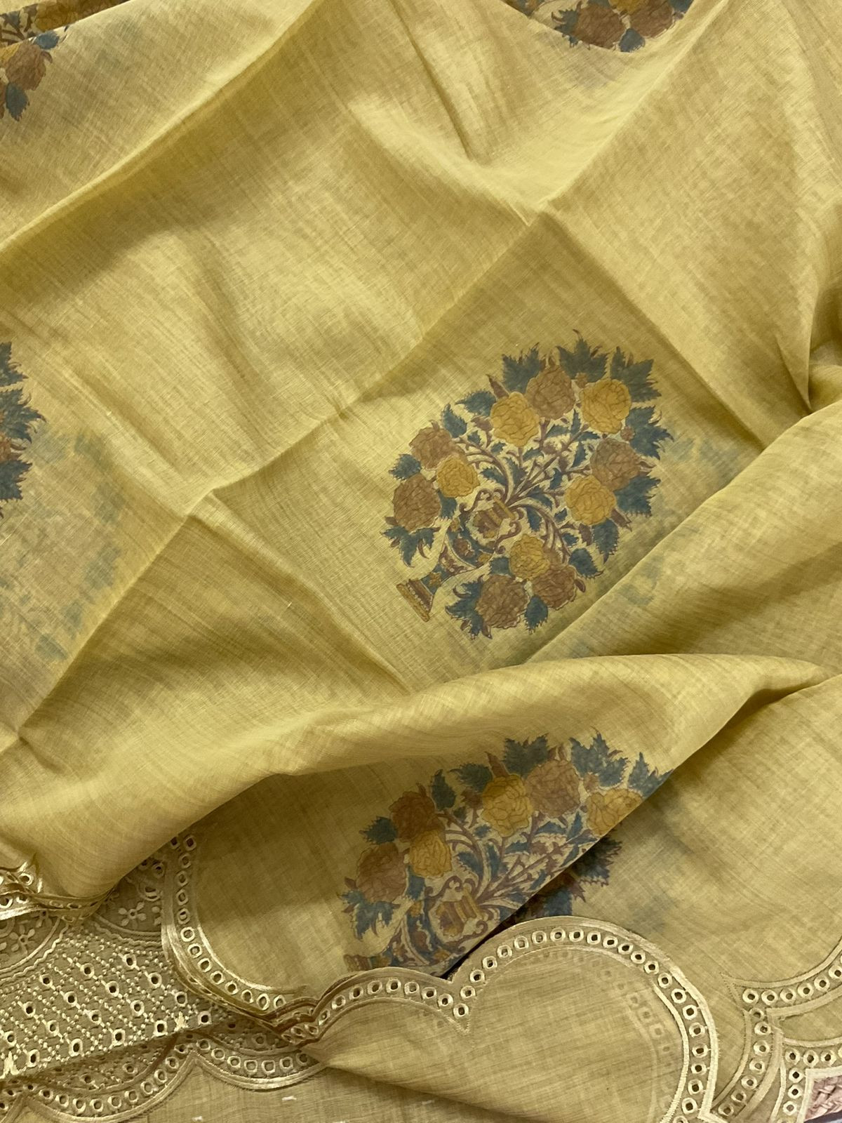 Pure Fine Slub Chanderi Jamdani Weaved Printed Embroidered Suit - Yellowish Green