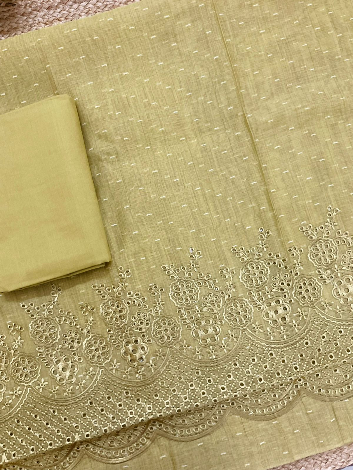 Pure Fine Slub Chanderi Jamdani Weaved Printed Embroidered Suit - Yellowish Green