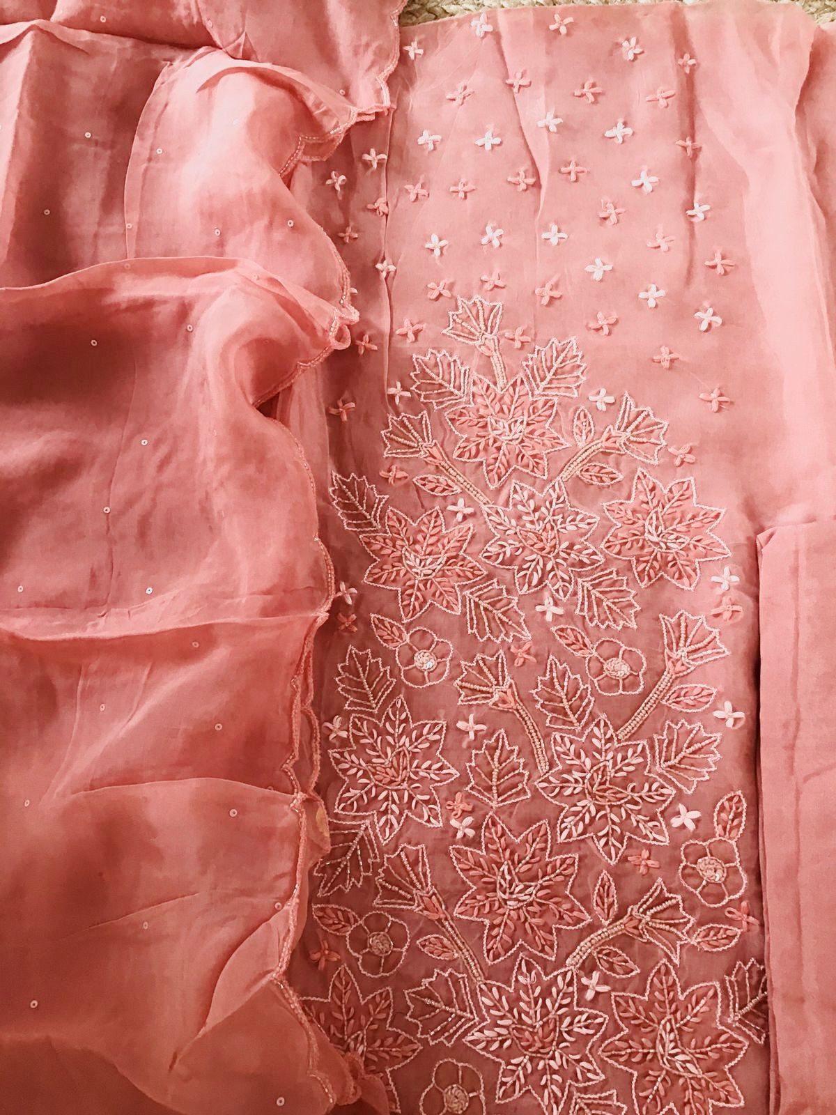 Pure Organza Embroidered Suit - Peach