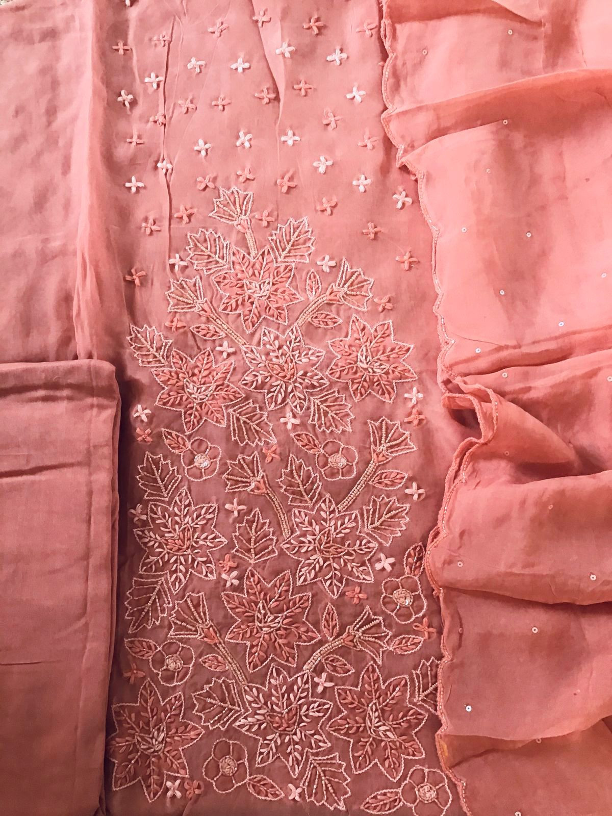 Pure Organza Embroidered Suit - Peach
