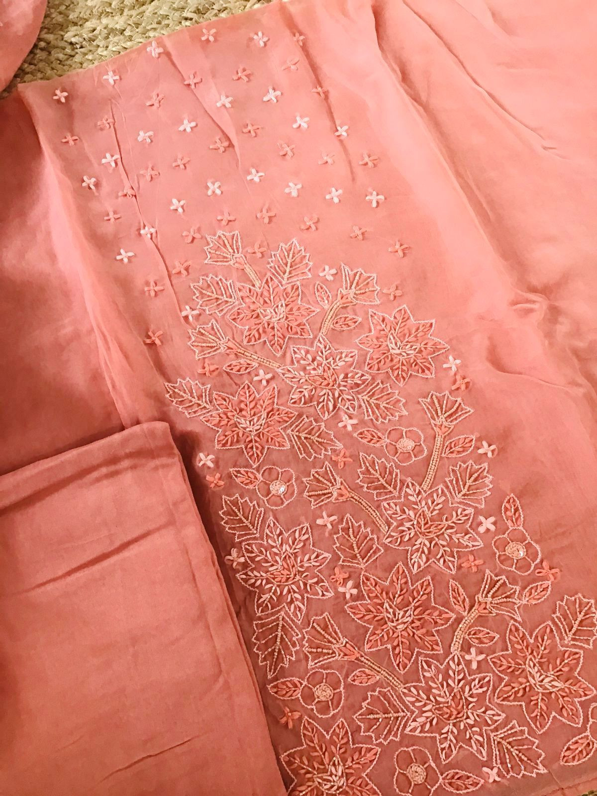 Pure Organza Embroidered Suit - Peach