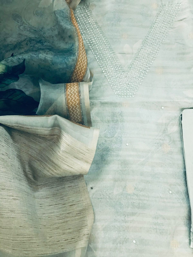 Image of Soft Semi Tussar Printed Embroidered Suit - Sea Blue