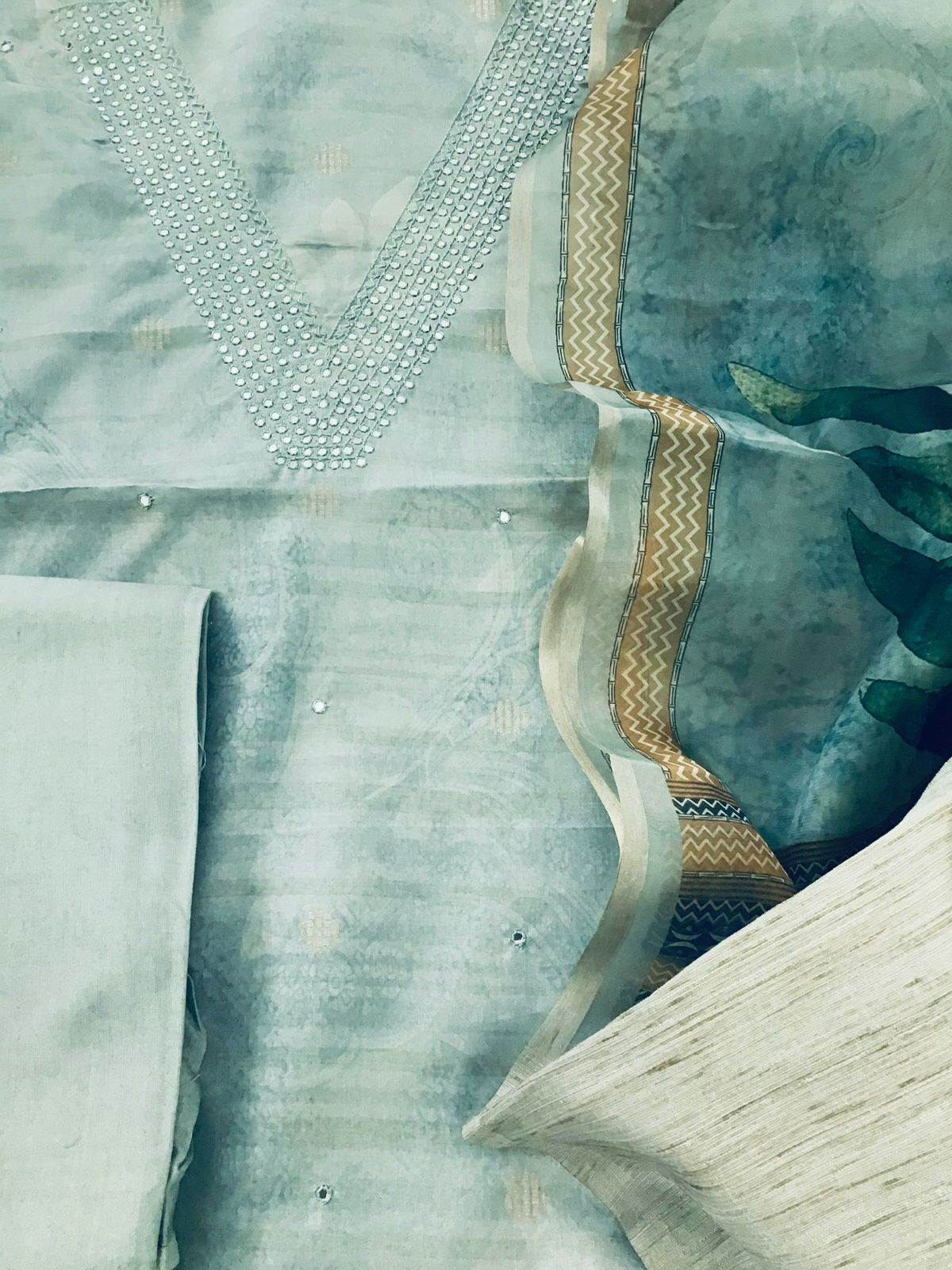 Soft Semi Tussar Printed Embroidered Suit - Sea Blue