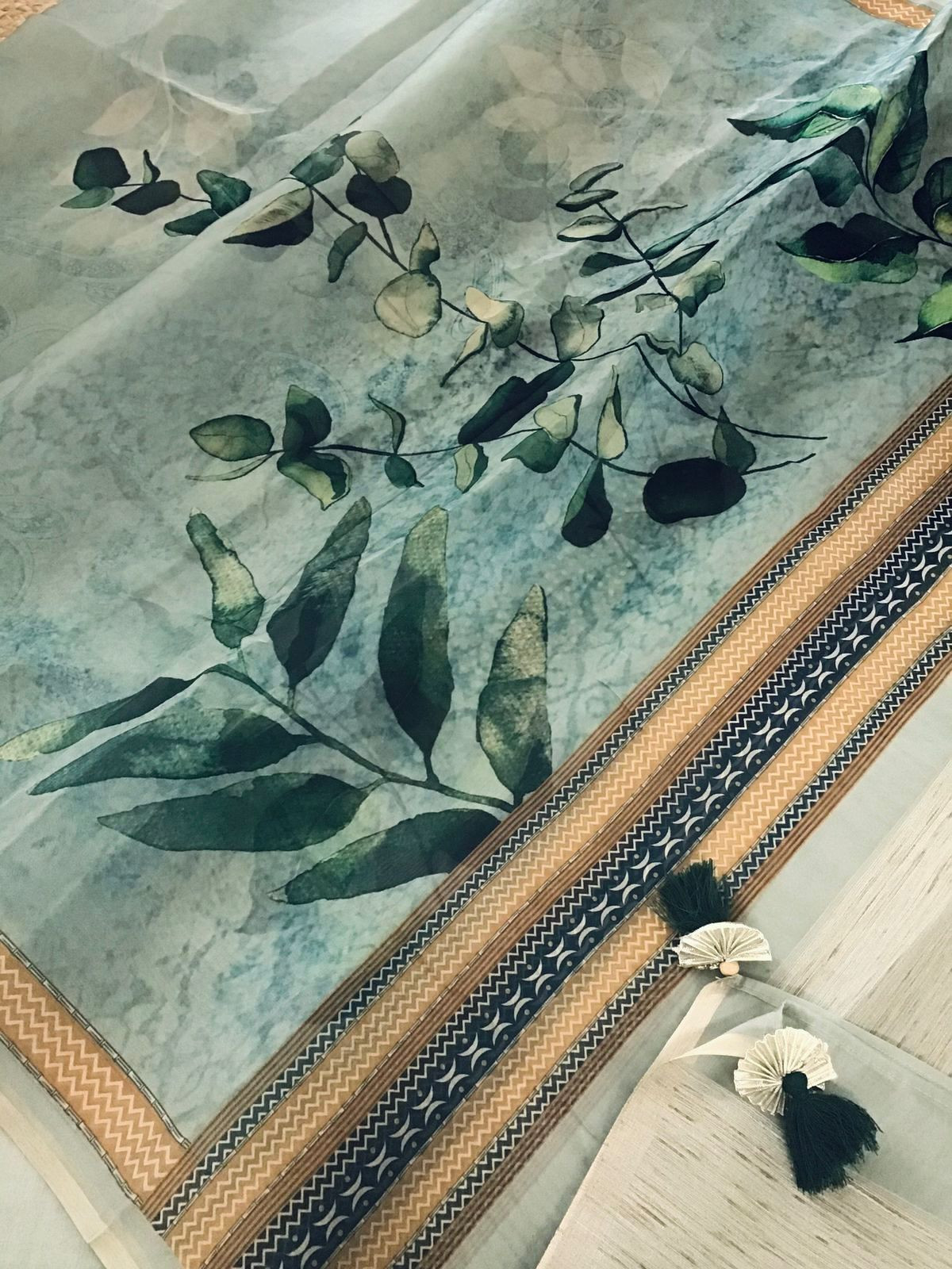 Soft Semi Tussar Printed Embroidered Suit - Sea Blue