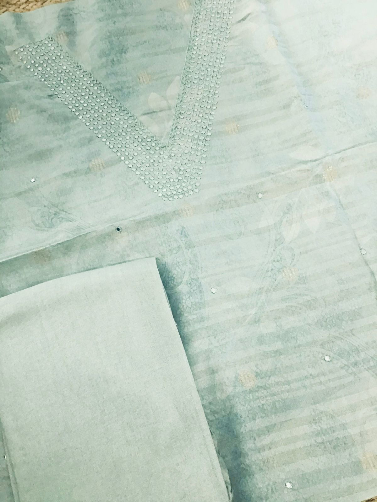 Soft Semi Tussar Printed Embroidered Suit - Sea Blue