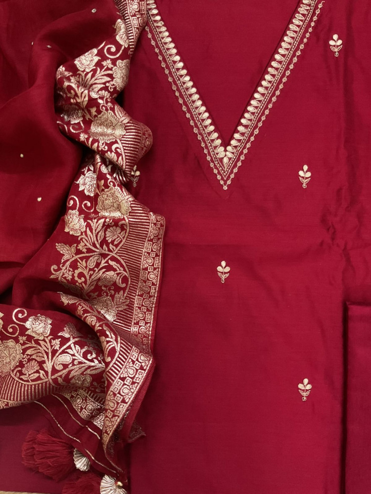 Image of Pure Cotton Silk Banarasi Weaved Embroidered Suit - Maroon