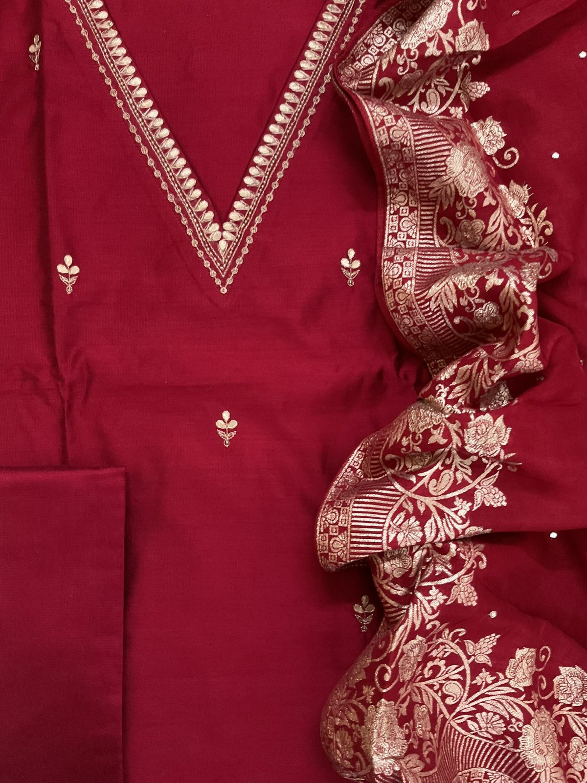 Pure Cotton Silk Banarasi Weaved Embroidered Suit - Maroon
