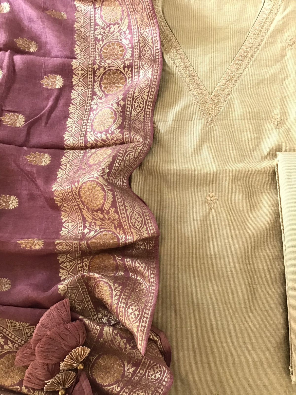 Pure Cotton Silk Banarasi Weaved Embroidered Suit - Beige