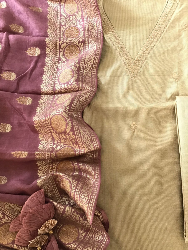 Image of Pure Cotton Silk Banarasi Weaved Embroidered Suit - Beige