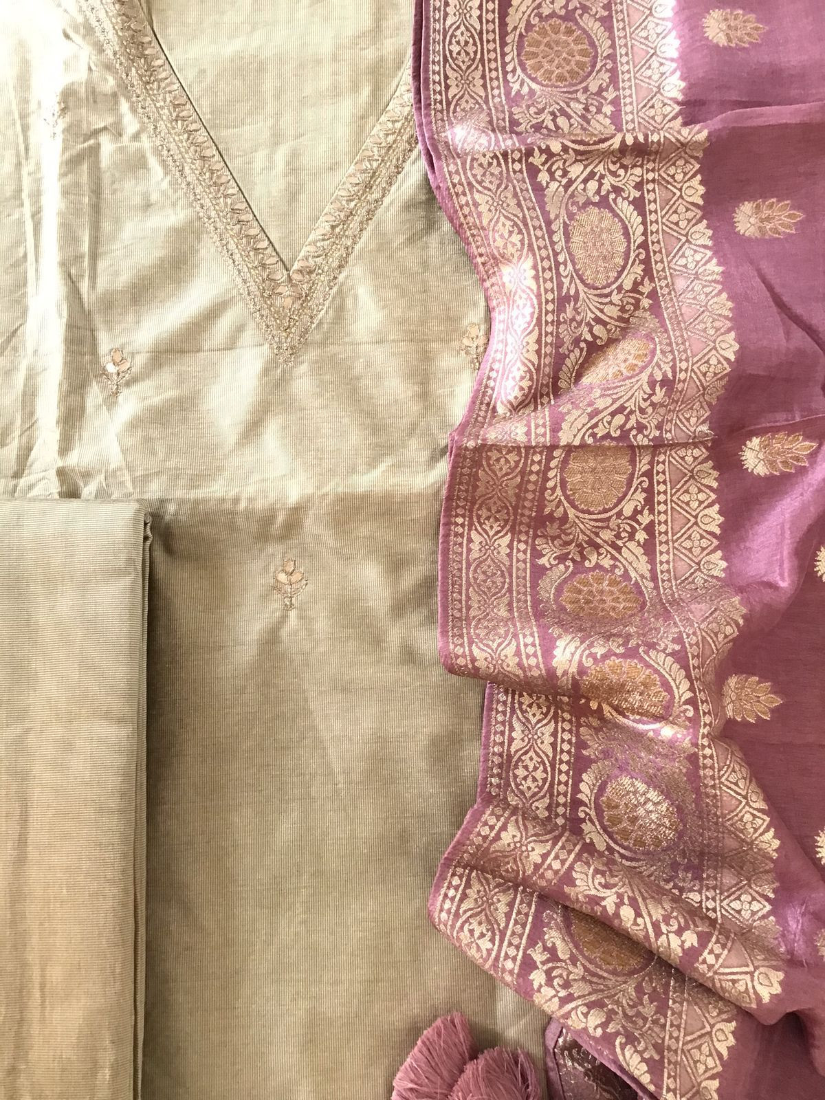 Pure Cotton Silk Banarasi Weaved Embroidered Suit - Beige