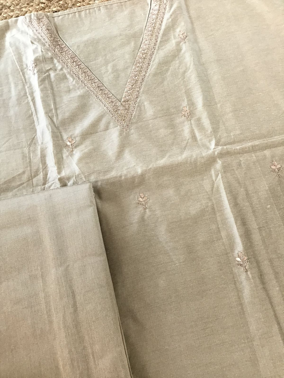 Pure Cotton Silk Banarasi Weaved Embroidered Suit - Beige