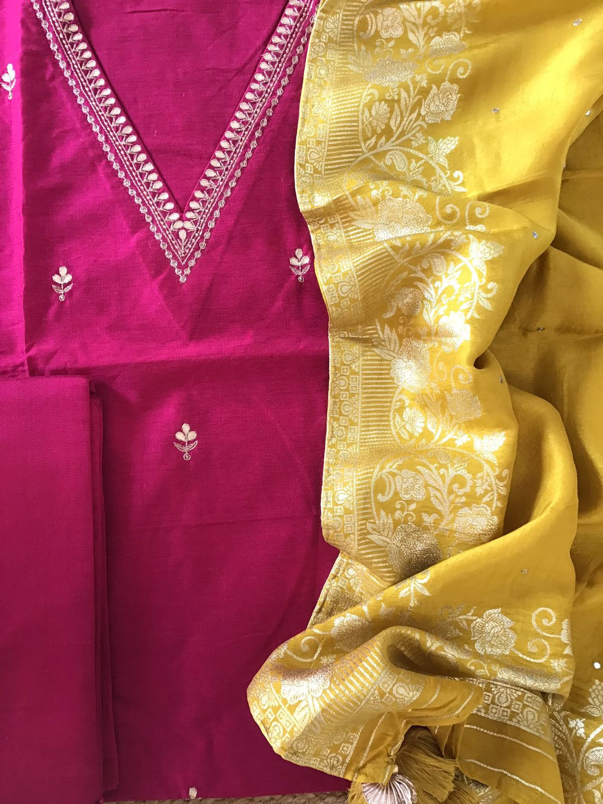 Pure Cotton Silk Banarasi Weaved Embroidered Suit - Pink