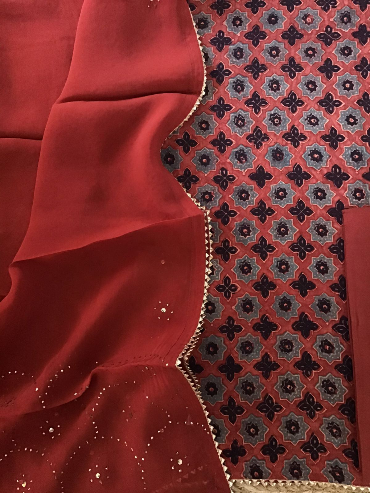 Pure Cotton Silk Ajrakh Printed Embroidered Suit - Red