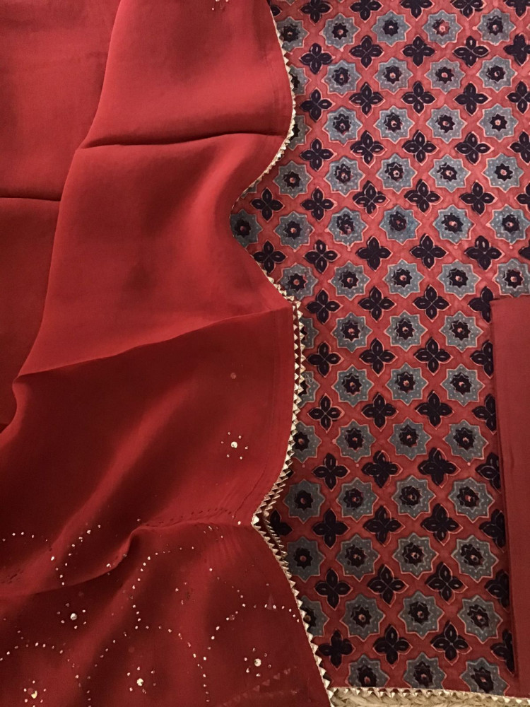 Image of Pure Cotton Silk Ajrakh Printed Embroidered Suit - Red