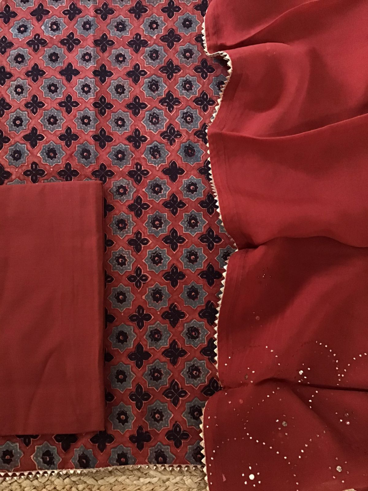 Pure Cotton Silk Ajrakh Printed Embroidered Suit - Red