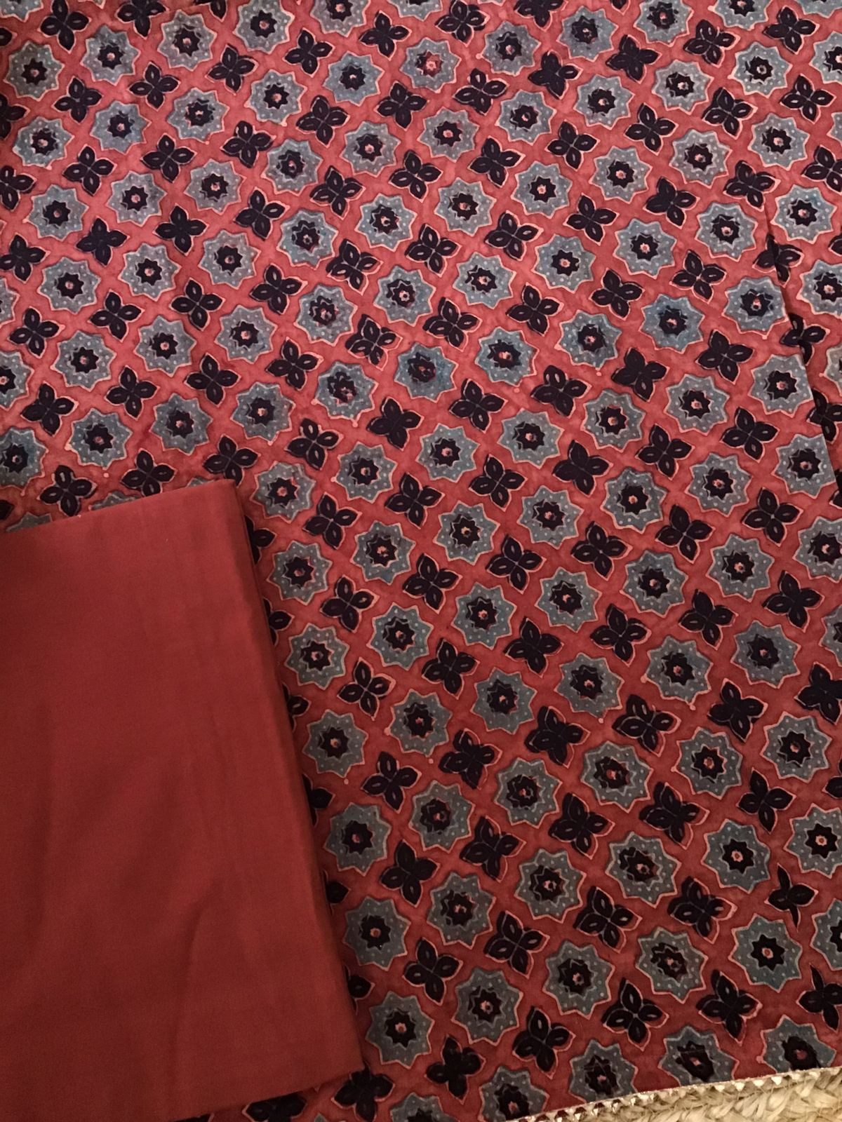 Pure Cotton Silk Ajrakh Printed Embroidered Suit - Red