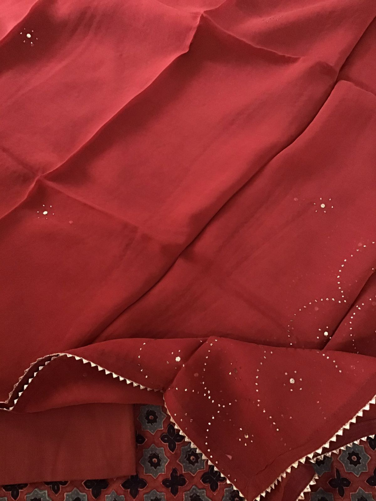 Pure Cotton Silk Ajrakh Printed Embroidered Suit - Red