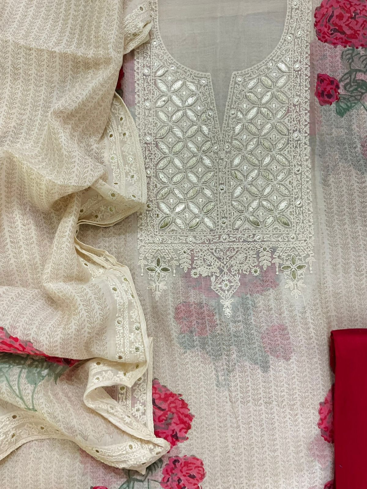 Pure Mul Chanderi Printed Embroidered Suit - Cream