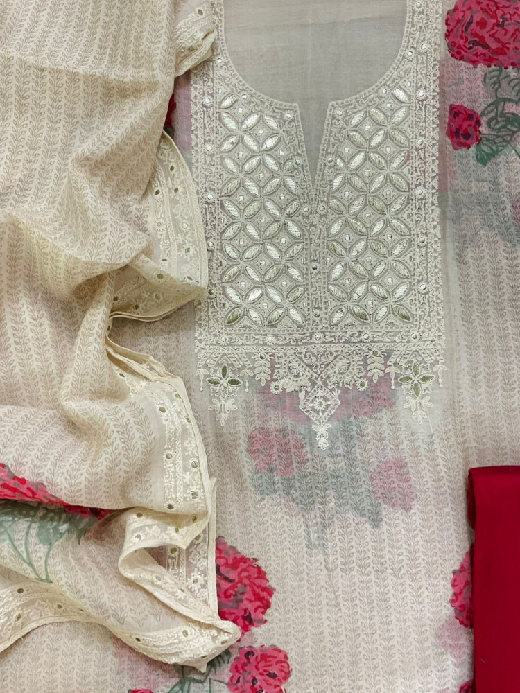 Image of Pure Mul Chanderi Printed Embroidered Suit - Cream