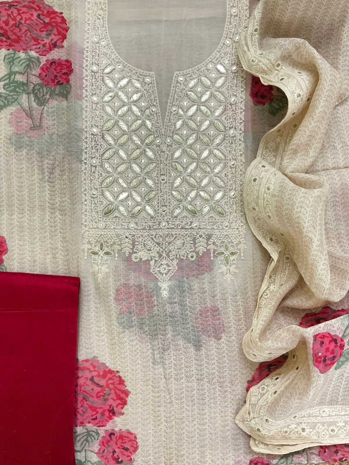 Pure Mul Chanderi Printed Embroidered Suit - Cream