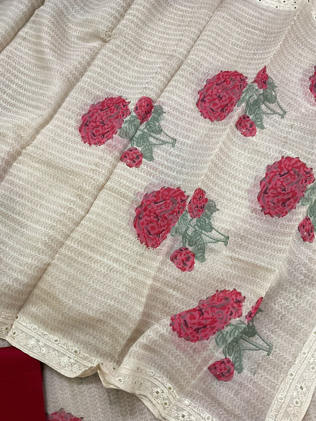 Pure Mul Chanderi Printed Embroidered Suit - Cream