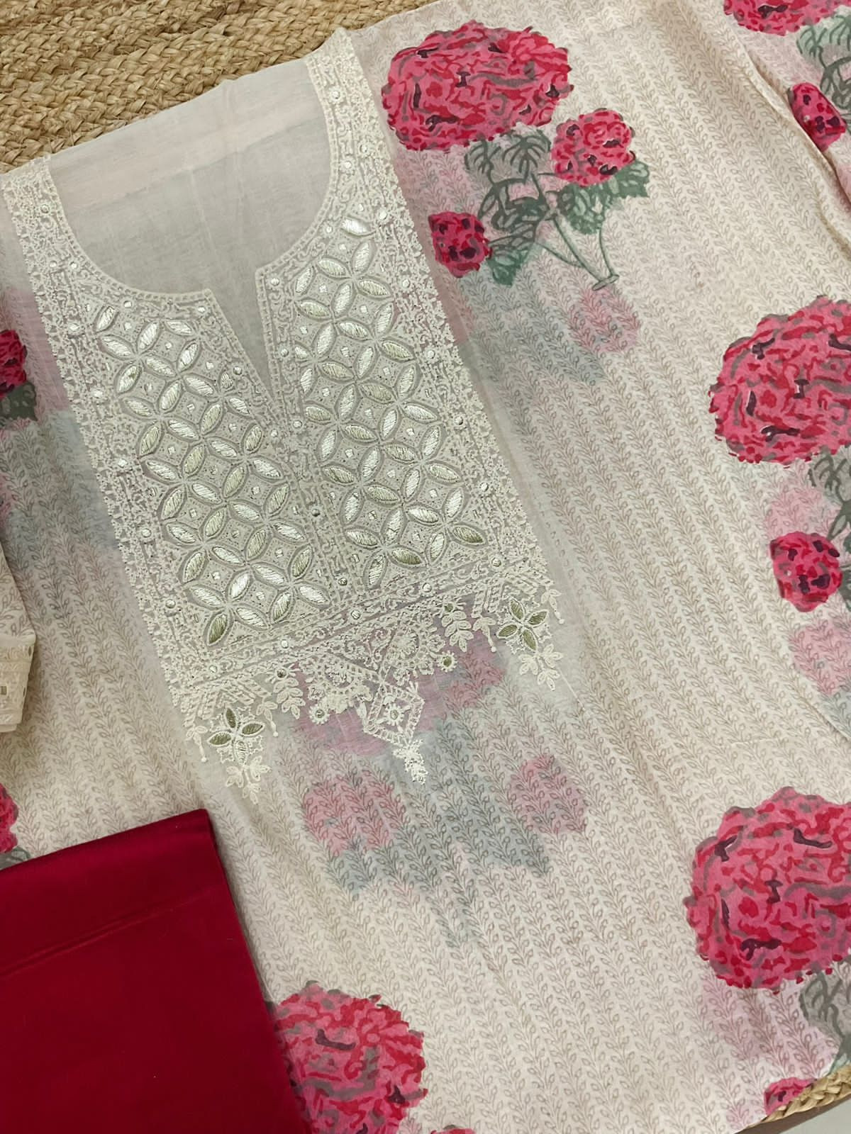 Pure Mul Chanderi Printed Embroidered Suit - Cream