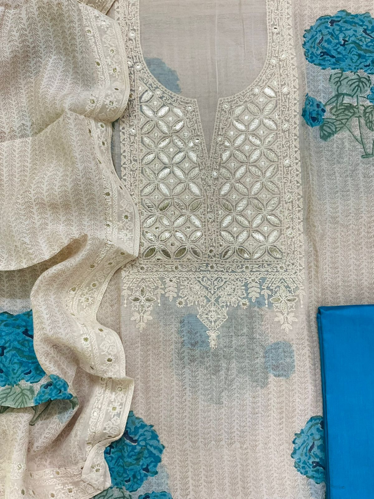 Pure Mul Chanderi Printed Embroidered Suit - Cream